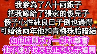 我爹為了八十兩銀子，把我嫁給了張家的傻兒子，傻子心性純良日子倒也過得，可婚後兩年他和青梅珠胎暗結，如他所願求了一封和離書，他不傻了找來我正和兒子嬉鬧| #為人處世#生活經驗#情感故事#養老#退休