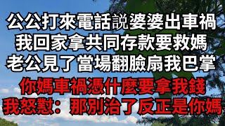 公公打來電話説婆婆出車禍，我回家拿共同存款要救媽，老公見了當場翻臉扇我巴掌：你媽車禍憑什麼要拿我錢，我怒懟：那別治了反正是你媽【煙雨夕陽】#為人處世 #爽文 #情感故事 #深夜讀書 #幸福人生