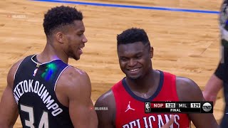 Zion Williamson and Giannis Antetokounmpo swap jerseys after a hard fought game