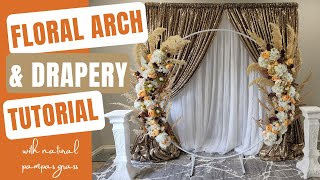 Round floral wedding backdrop with drapes