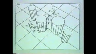 Simulated boid flock avoiding cylindrical obstacles (1986)