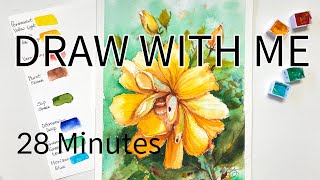 28MIN. DRAW WITH ME- YELLOW ROSE-WATERCOLOR PAINTING -TUTORIAL STEP BY STEP.