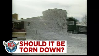 A truly giant snow fort that the City of Regina wanted to knock over, 1985