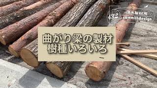 曲がり梁の製材と皮むき養生