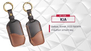 Keyzone Dual Leather Key Cover fit for Kia Seltos, Sonet 2023 Facelift 4 Button Smart Key (KDL77)