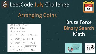 arranging coins | arranging coins leetcode | leetcode 441 | binary search | math