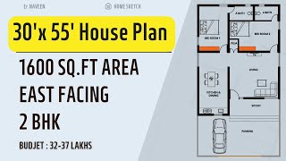 30x55 East Facing House Plan | 1600 Sqft Area | 2 BHK | Home Sketch