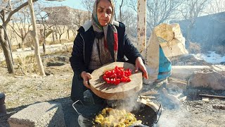 Cooking with chicken and rice in the Iranian village .Cooking in nature and winter snow️❄️rural life