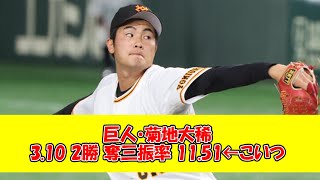 巨人・菊地大稀　3.10 2勝 奪三振率 11.51←こいつ【なんJ反応】