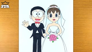 How to Draw Nobita and Shizuka Wedding Step By Step | how to draw nobita and shizuka love