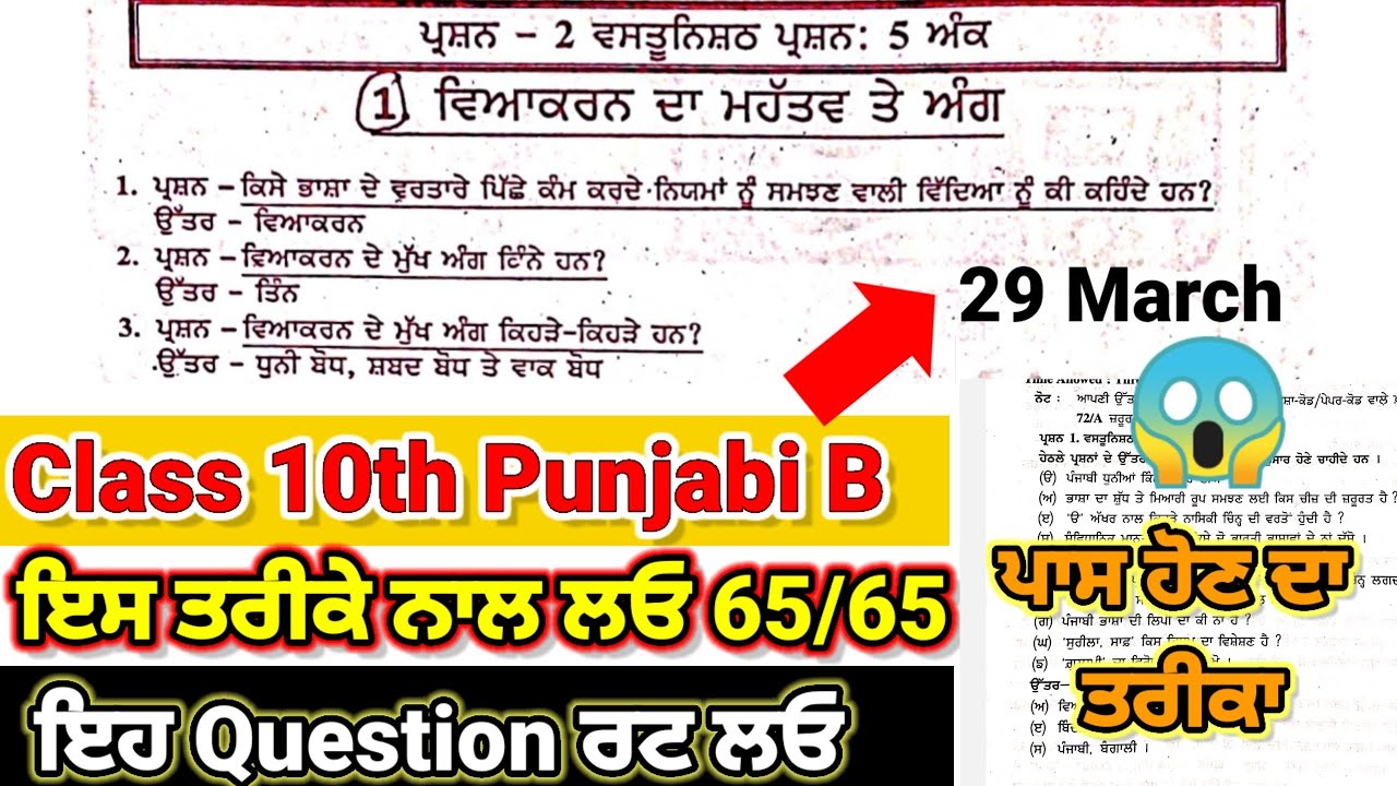 Class 10th Punjabi B Board Final Question Paper Pseb 10th Punjabi Paper ...