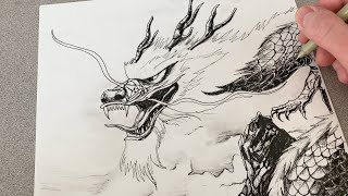 Drawing a Dragon’s Face | Pen \u0026 Ink ASMR Art Series #7