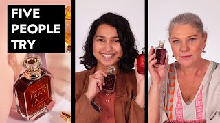 5 people try Kayali fragrances! | Vanilla, Apple \u0026 more