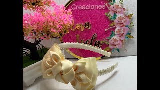 Diadema con moño sencillo y flor y hojas kansashi VIDEO No.984