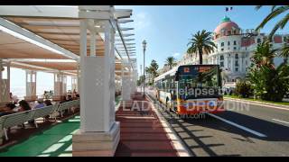 France, Nice, 14.09.2015: Hotel Negresco, promenade de Anglais, traffic, clear sky, clouds, sea pro