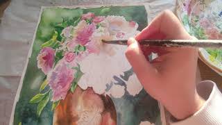 Watercolor painting with peonies using Arches paper