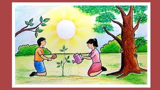 Easy Scenery Drawing of Tree Plantations | World Environment Day Drawing | How To Draw Save Nature