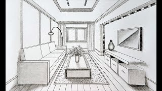 How to draw a living room in one point perspective