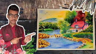Beautiful Indian Village Scenery Drawing|Easy Indian Village Scenery With Watercolor|Scenery Drawing