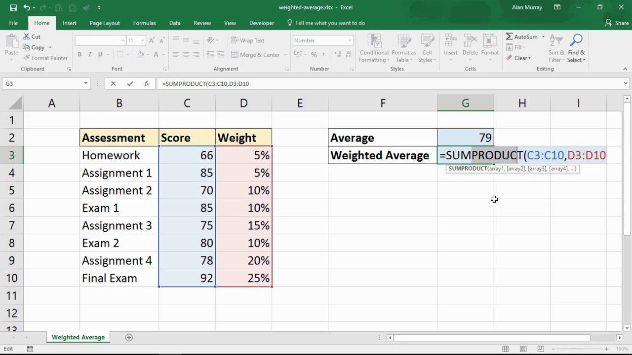 Weighted Average With The SUMPRODUCT Function In Excel - Weighted Mean ...