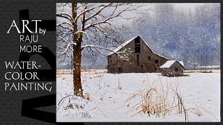 Easy Watercolor Painting Tutorial : Snowy Scene I Simple Watercolor Barn in Winter I