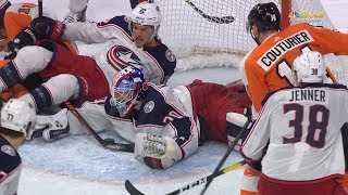 Joonas Korpisalo scrambles to keep Flyers at bay