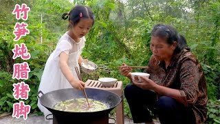 徐开心去看外婆养蚕情况，帮忙摘桑叶喂小蚕，一起掰竹笋炖腊猪脚