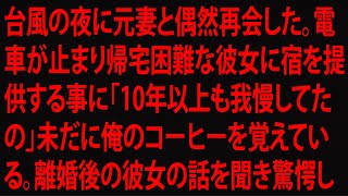 台風の夜に元妻と偶然再会した。電車が止まり帰宅困難な彼女に宿を提供する事に「10年以上も我慢してたの」未だに俺のコーヒーを覚えている。離婚後の彼女の話を聞き驚愕し