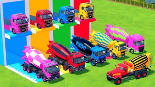 TRANSPORTING ALL COLOR MIXER TRUCK WITH DOUBLE FLATBED TRUCK ! VOLVO, MAN, MERCEDES, KENWORTH - FS22