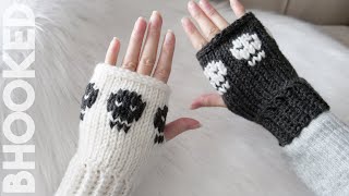 Tunisian Crochet Hand Warmers with Cute Little Skulls