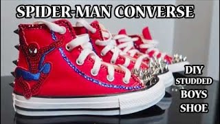 DIY SPIDER-MAN CUSTOMIZED CONVERSE - HOW TO DAZZLE BOYS SHOES W/ PATCHES, BLING & STUDS