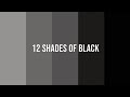 12 different shades of black colour and their names.