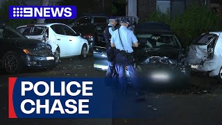 Man charged after crashing into parked cars during police chase | 9 News Australia