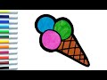 How to Draw Three Scoop Cone Ice Cream | Easy Drawing and Coloring for Kids and Toddlers