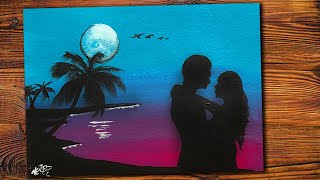 Easy Acrylic Painting Night Scenery/ Moonlight Couple Romantic Couple