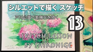 シルエットで描くVol-13　戸川公園で紫陽花を描く　新シリーズの第13弾、ペンは後から入れるシルエット淡彩スケッチ描法