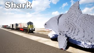 Train vs Megalodon shark Real Physics teardown