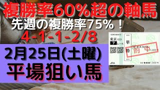 【競馬予想】２月２５日の複勝率６０％超の軸馬（４レース）平場勝負レース該当馬（３レース）の配信！