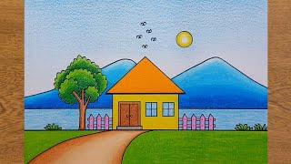 How to Draw Mountain and House Scenery | Very Easy | Scenery of Mountain House and River