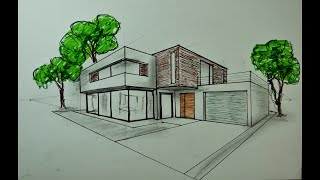 Architecture How To Draw Modern House in 2 Point Perspective #30