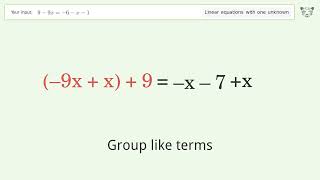 Solve 9-9x=-6-x-1: Linear Equation Video Solution | Tiger Algebra