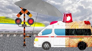 【踏切アニメ】半分錆びた救急車とふみきりカンカン | Half-rusted ambulance and railroad crossing