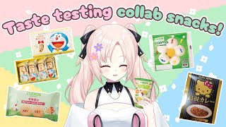 【Handcam】Taste testing cute collab snacks! Pikmin, Doraemon, Hello Kitty and more!【Cosmia】