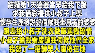 結婚第1天婆婆當眾給我下跪，求我借彩禮供小叔子上學，懷孕生產後說好伺候我坐月子的婆婆，跑去給小叔子洗衣做飯罵我矯情，小叔子搶我婚房讓我伺候他們全家，我怒了一招讓眾人嚇傻在地！#家庭 #感情 #故事