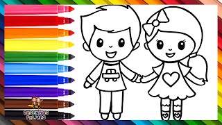 Desenhar e Colorir Crianças Um Menino e Uma Menina 👦💖👧🌈 Desenhos para Crianças
