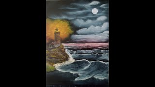 Light House Seascape Timelapse 24X18-inch Black Gesso Bob Ross Joy of Painting S3E2.