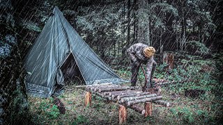 Solo Bushcraft Camp Lavvu Tent | Alone in the Wilderness | Stormy Forest | Wood Stove