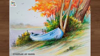 How to draw and coloring scenery art with boat step by step color pencil art || PAINTLANE ART