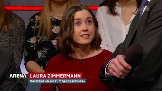 Co-Präsidentin Laura Zimmermann in der #SRFArena: No Billag - jetzt redet das Volk!