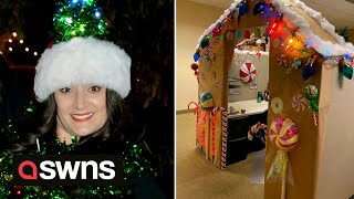 Christmas fanatic turns office cube into incredible life-size GINGERBREAD HOUSE | SWNS